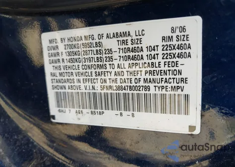 2007 Honda Odyssey Touring from USA, damaged, VIN 5FNRL38847B002789